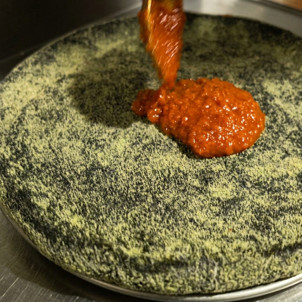 Salsa di pomodoro rossa stesa uniformemente su una base pizza nera con il dorso di un cucchiaio.