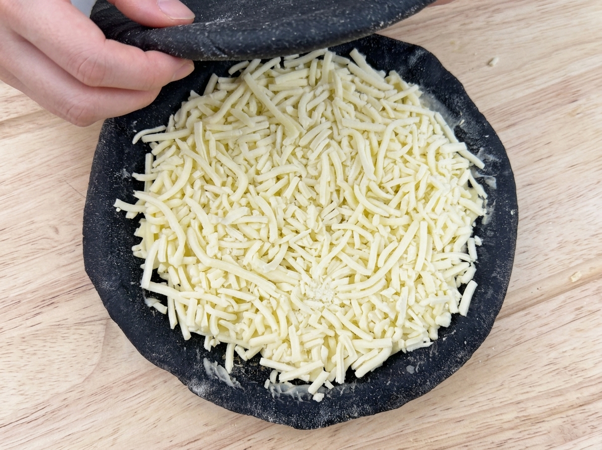 Mani che adagiano con cura un disco piatto di impasto nero sopra il ripieno di formaggio per sigillare la pizza.
