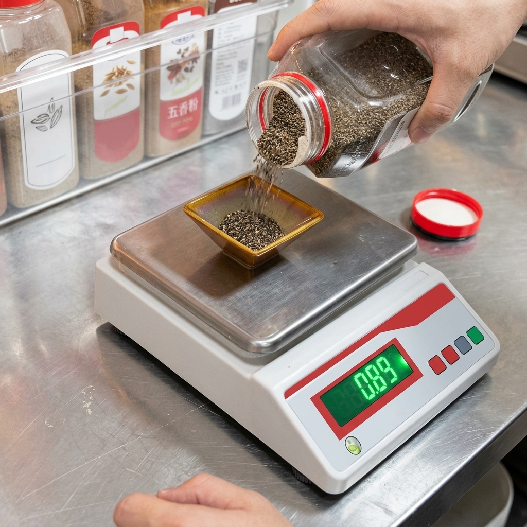 Pepe nero macinato grossolanamente versato in un piattino su una bilancia digitale.
