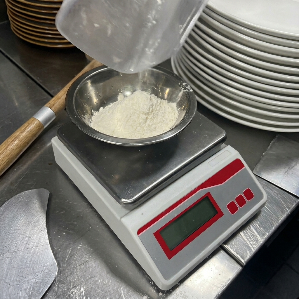 Farina bianca che cade da un contenitore di plastica in una ciotola di acciaio inox su una bilancia digitale.