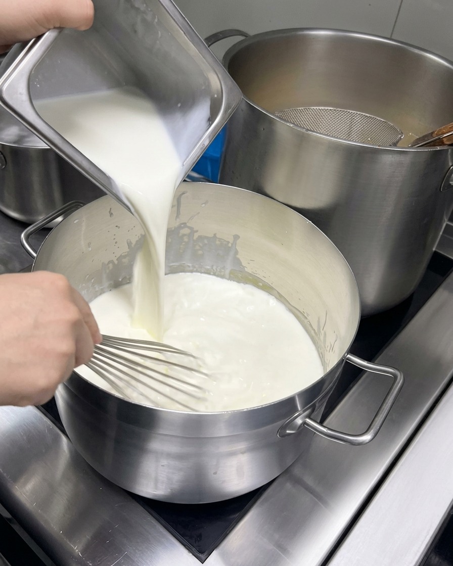 Latte e panna versati da un contenitore in una pentola mentre vengono mescolati continuamente con una frusta.