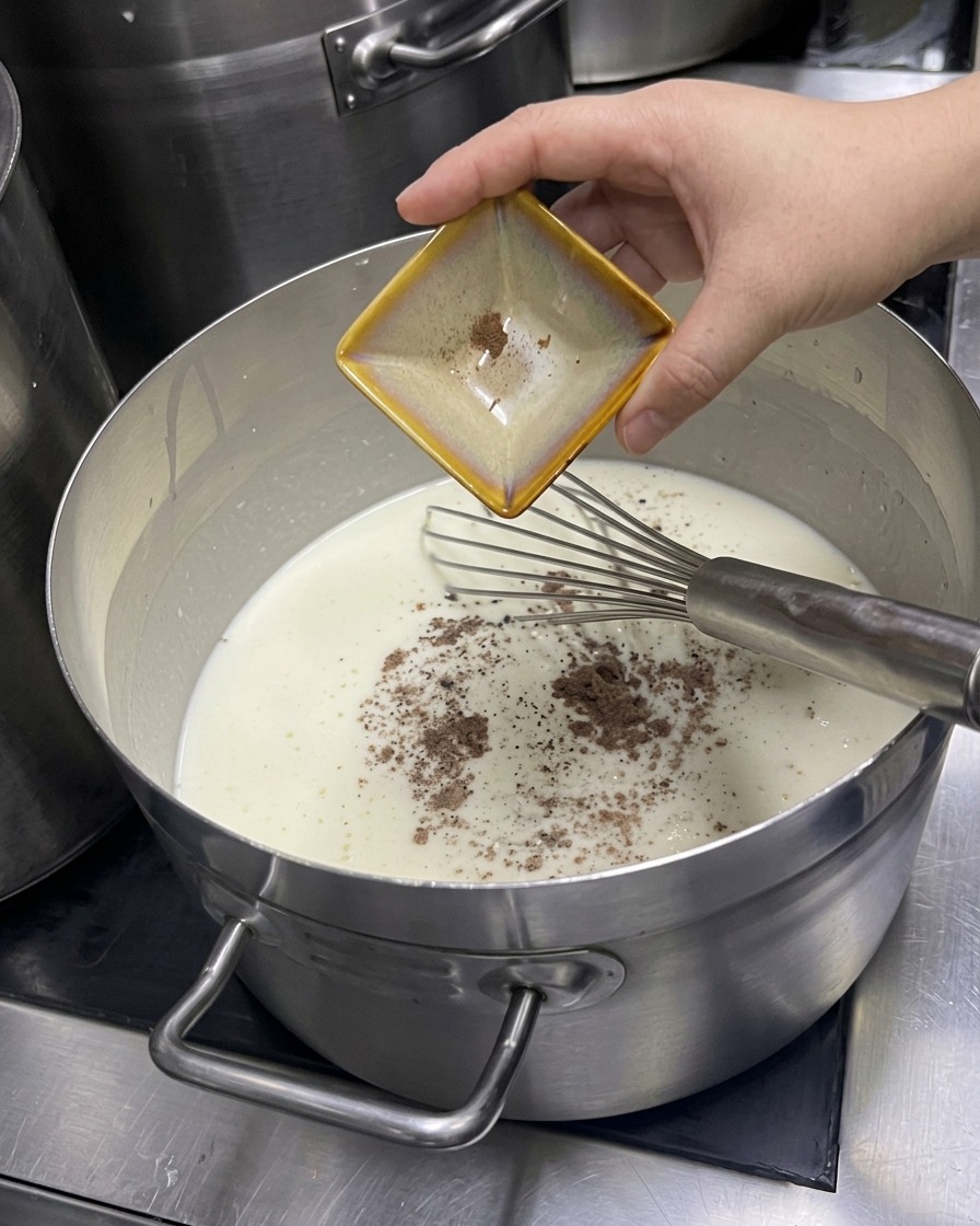 Una mano che versa le spezie da un piattino in una pentola di liquido bianco cremoso.