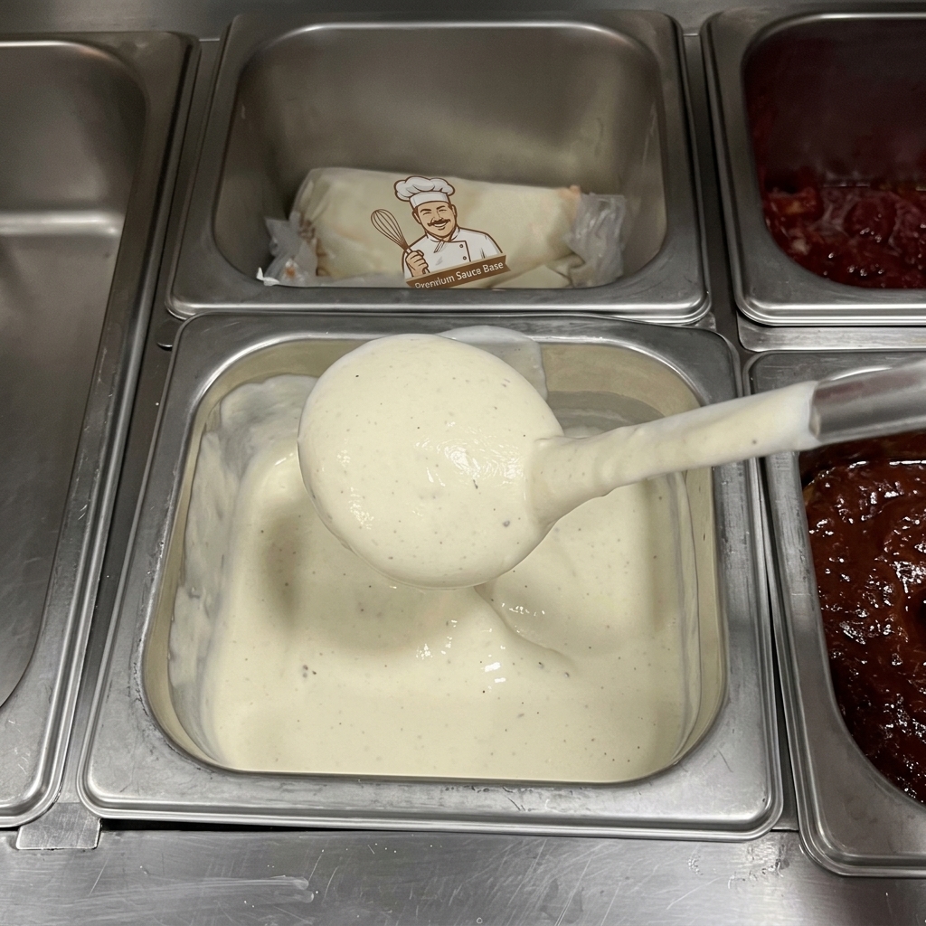 Un mestolo che solleva una besciamella densa e cremosa da un contenitore per la preparazione.