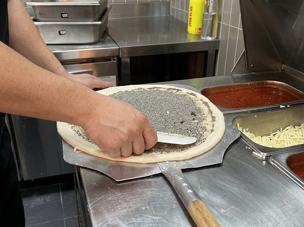 Mani che usano una spatola per stendere la salsa al tartufo grigia scura su un disco di impasto grezzo su un bancone dacciaio.