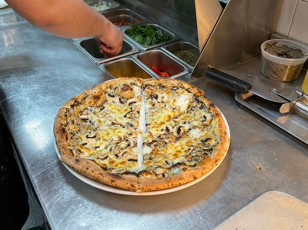 Una pizza ai funghi e tartufo appena sfornata e tagliata su un bancone dacciaio, con la mano dello chef che aggiunge foglie di basilico fresco.