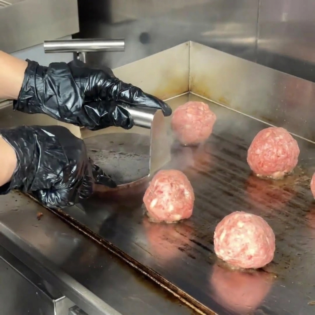Mani con guanti neri che usano una pressa per burger in metallo per schiacciare una pallina di carne su una piastra calda.
