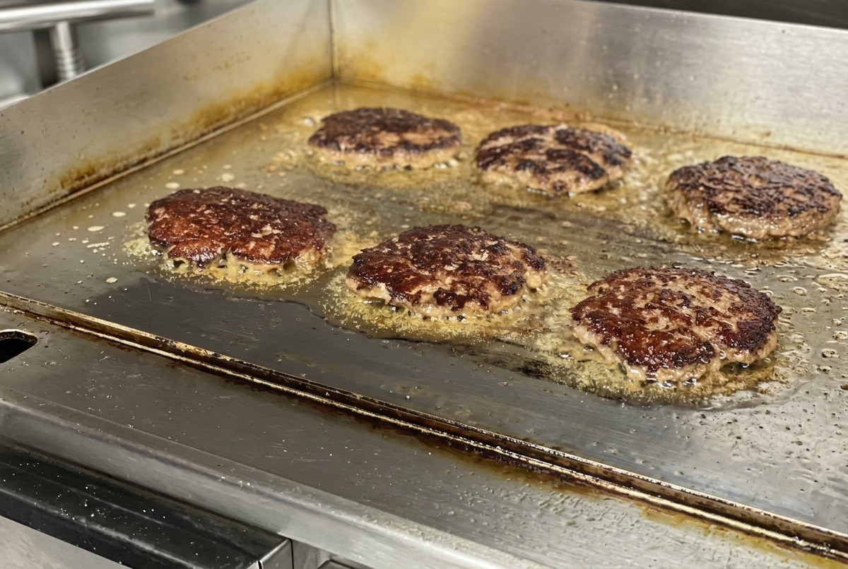 Diversi hamburger girati sulla piastra, che mostrano una crosticina scura e croccante mentre cuociono nel proprio grasso.