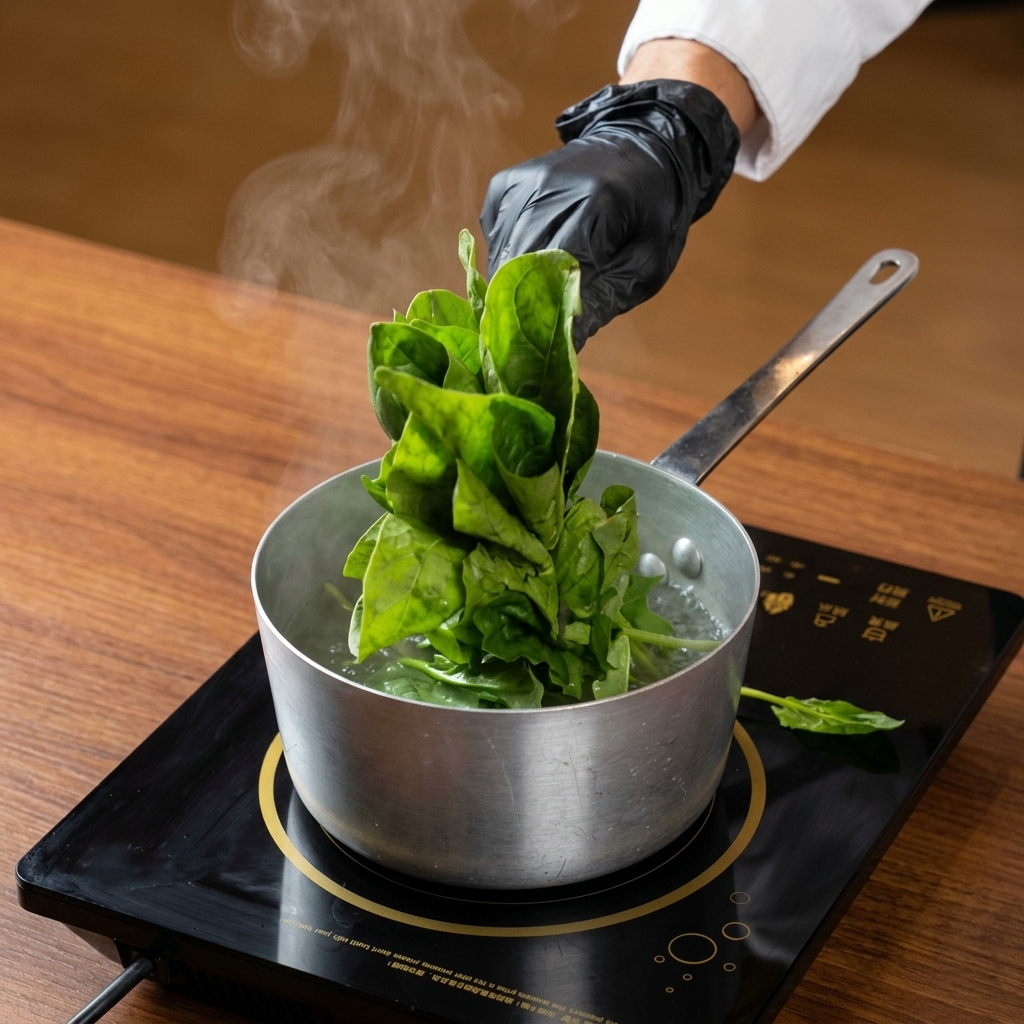 Una mano con guanto nero mette un mazzetto di spinaci freschi in una pentola di acqua bollente.