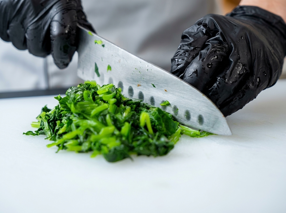 Mani che usano un coltello da chef per tritare finemente gli spinaci cotti su un tagliere bianco.