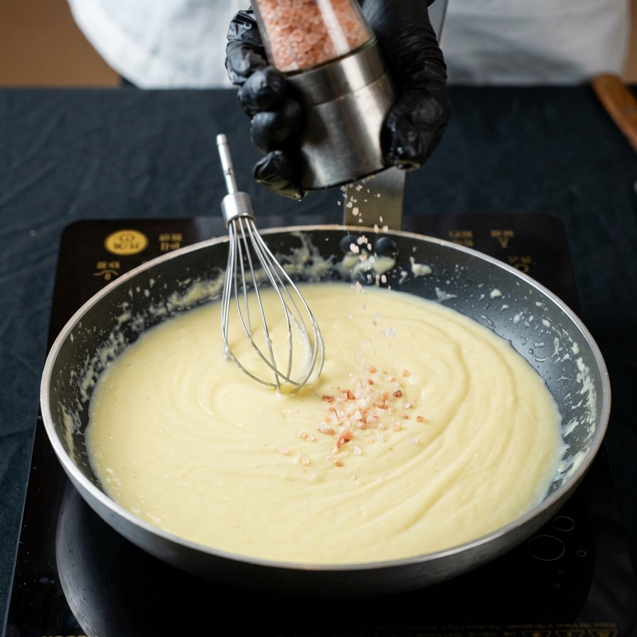 Mani che macinano sale marino rosa nella salsa bianca cremosa in padella.