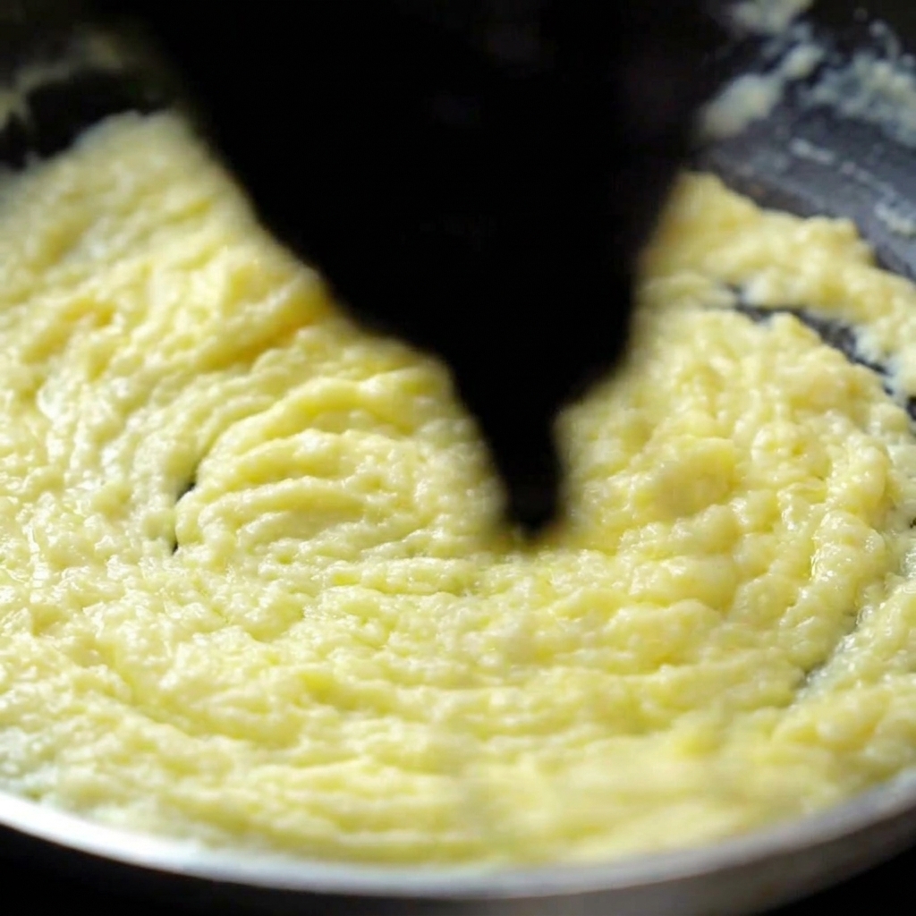 Salsa bianca densa e cremosa mescolata con una spatola nera in padella.