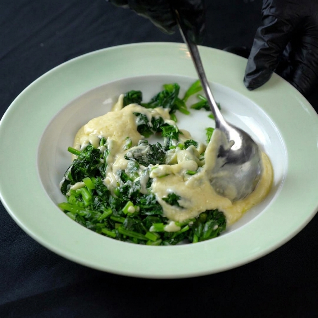Spinaci e salsa bianca mescolati insieme in un piatto fondo verde chiaro.
