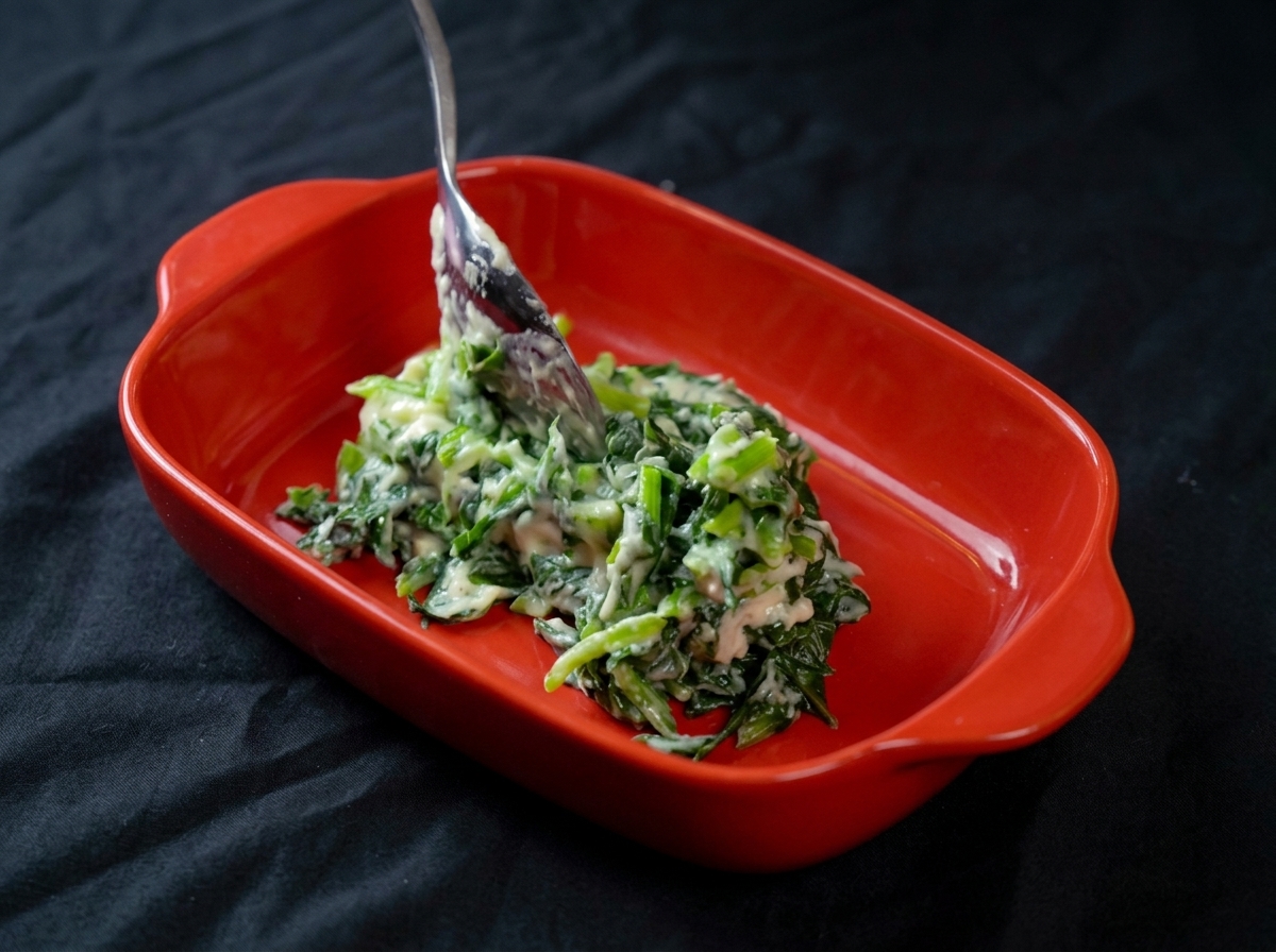 Composto di spinaci cremosi versato in una pirofila rettangolare rossa.