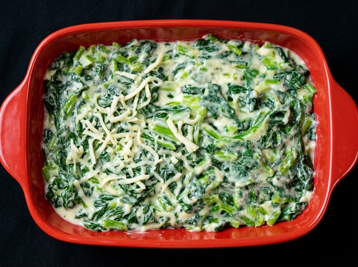 Mozzarella grattugiata sparsa sopra gli spinaci cremosi nella pirofila.