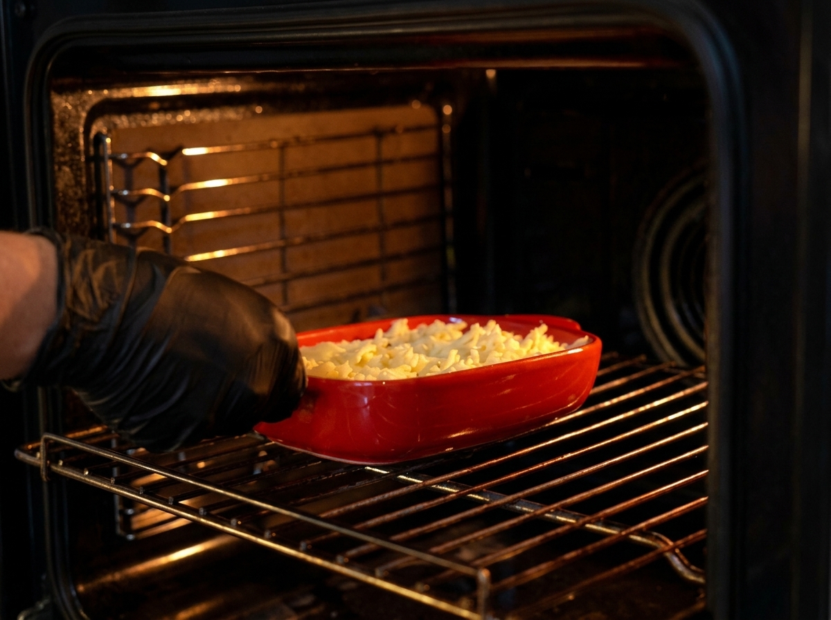 Mani che inseriscono la pirofila rossa nel forno preriscaldato.