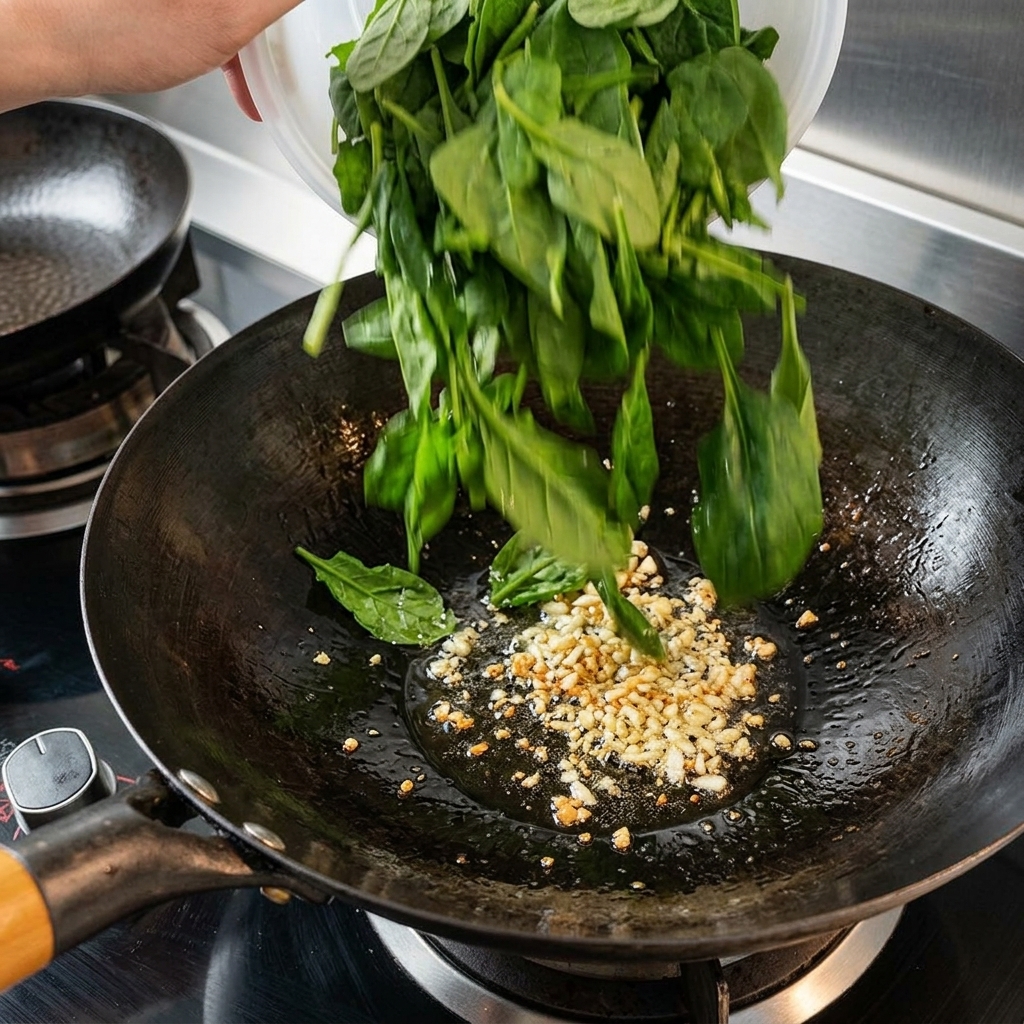 Spinaci appena tagliati che cadono in una padella calda contenente aglio tritato sfrigolante e olio.