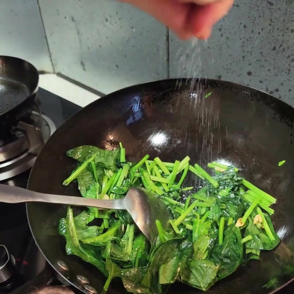 Una mano che sparge il sale dallalto in una padella piena di spinaci verdi saltati.