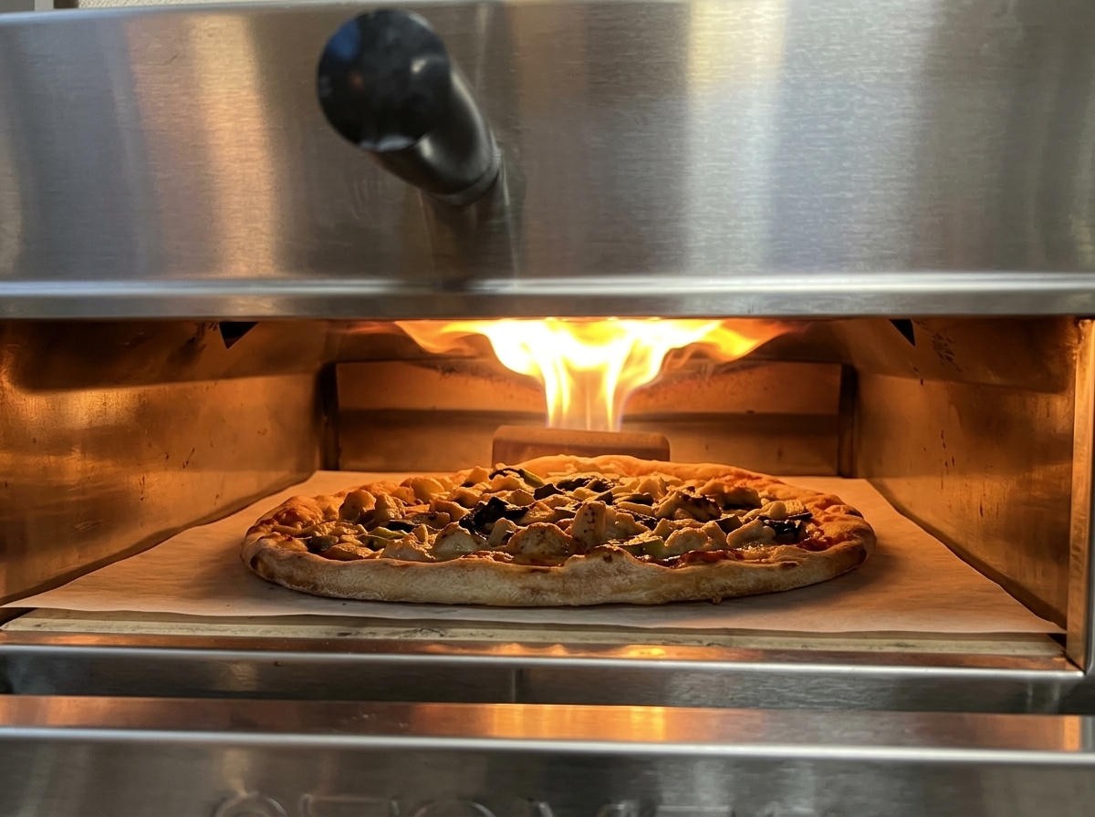 Pizza con spinaci e formaggio in cottura allinterno di un forno ad alta temperatura con fiamme visibili.