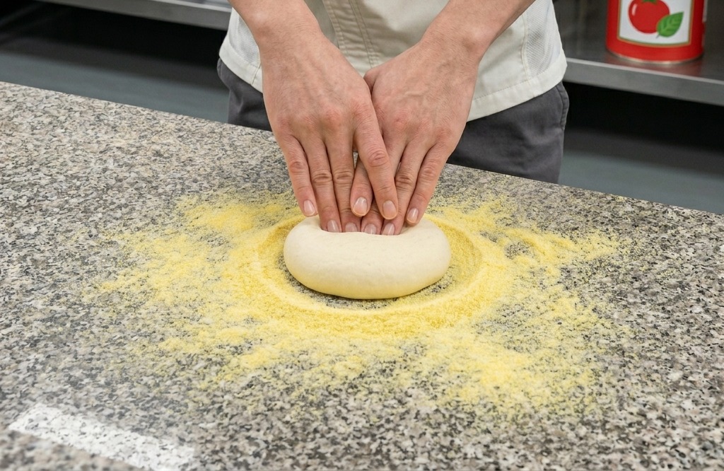 Mani di uno chef che premono e modellano un panetto di pizza su un piano spolverato di farina di mais.