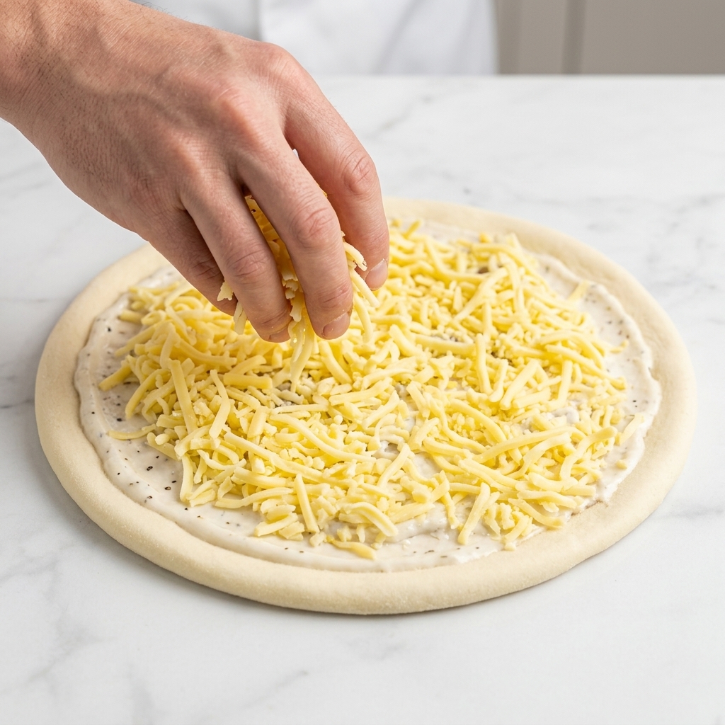 Una mano che cosparge mozzarella grattugiata sopra la base della pizza ricoperta di crema bianca.