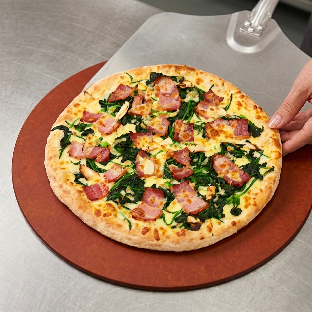 Una pizza appena sfornata con cornicione dorato recuperata con una pala per pizza in metallo.