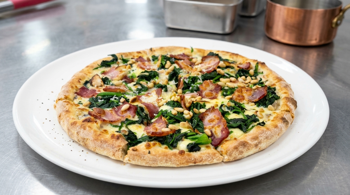 Pizza Bianca con Spinaci e Pancetta su Crema di Funghi