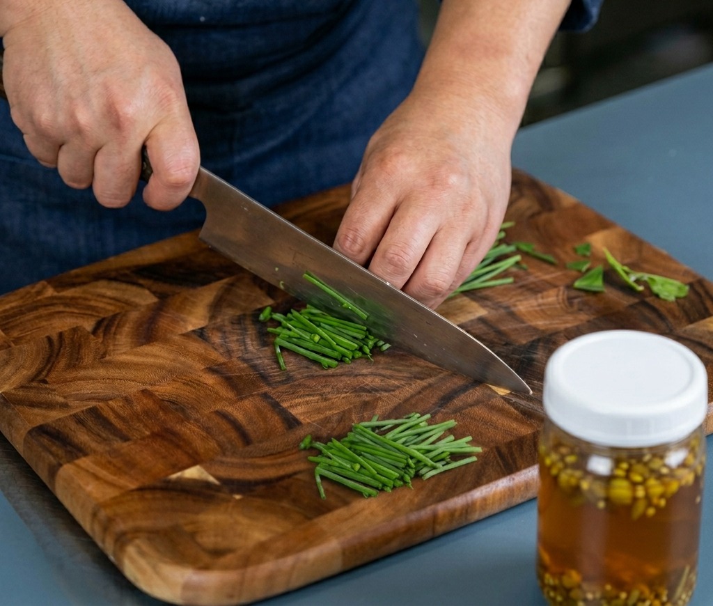 Mani che tengono un coltello e affettano foglie di kaffir lime in strisce sottilissime su un tagliere di legno scuro.