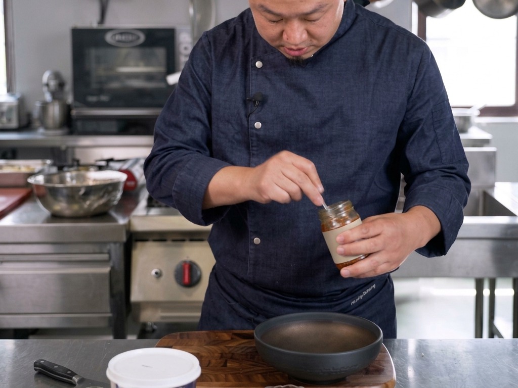 Chef che preleva un cucchiaio di pasta Tom Yum densa e scura da un barattolo di vetro per metterla in una ciotola di ceramica.