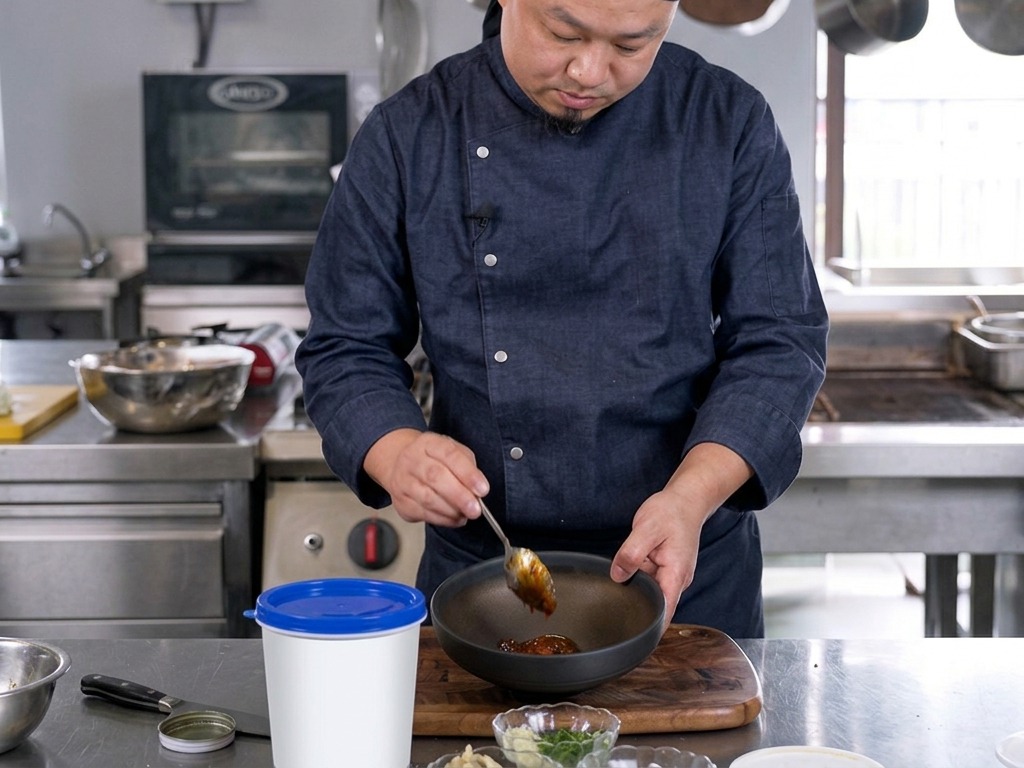 Chef che usa un cucchiaio per mescolare salse scure in una ciotola di ceramica nera su un bancone in acciaio inox.