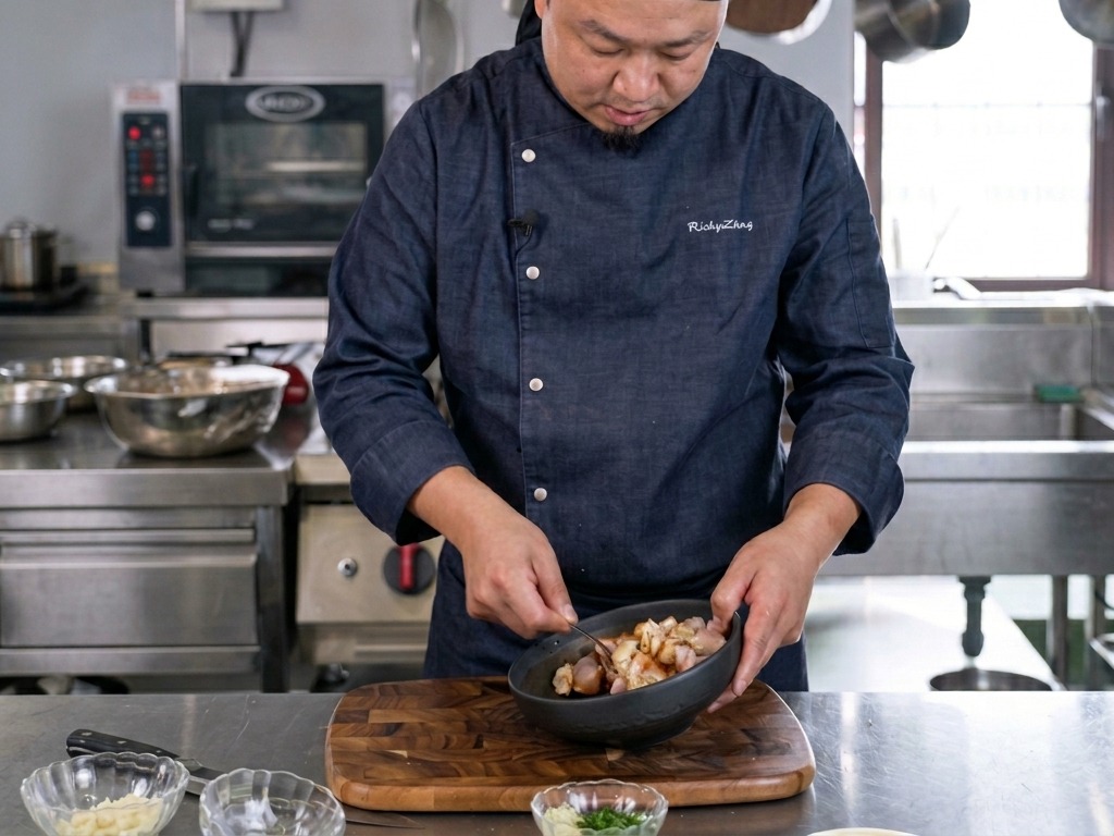 Uno chef che mescola una ciotola di frutti di mare crudi ricoperti da una ricca salsa Tom Yum scura.