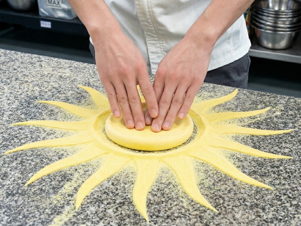 Mani di uno chef che stendono un panetto di pizza su un piano di granito infarinato.