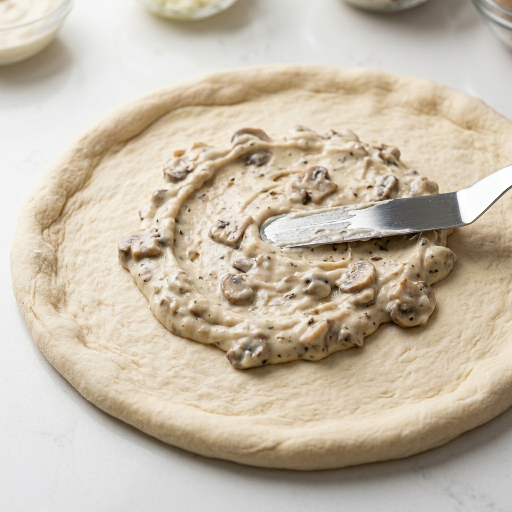 Salsa bianca cremosa con pezzi di funghi spalmata uniformemente sulla base della pizza con una spatola.
