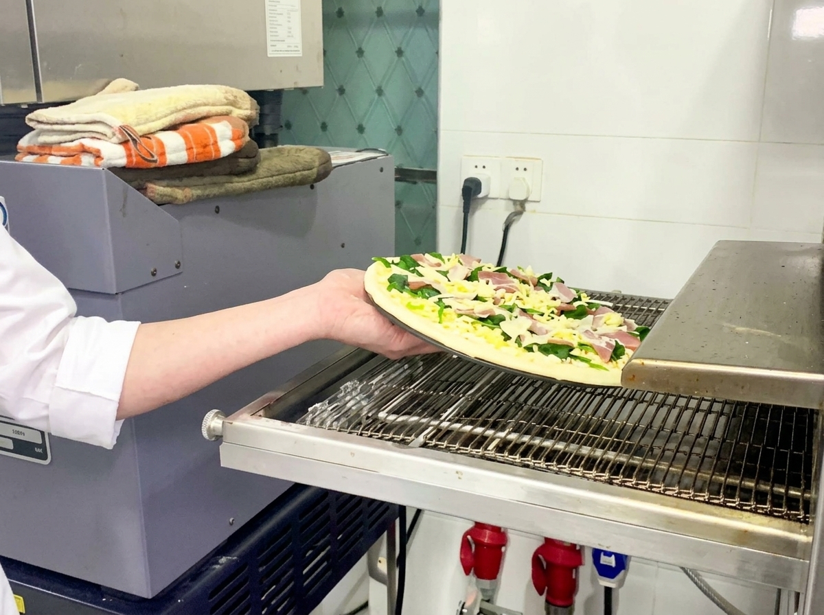 Un braccio che posiziona la pizza cruda sul nastro trasportatore di un forno per pizza professionale.