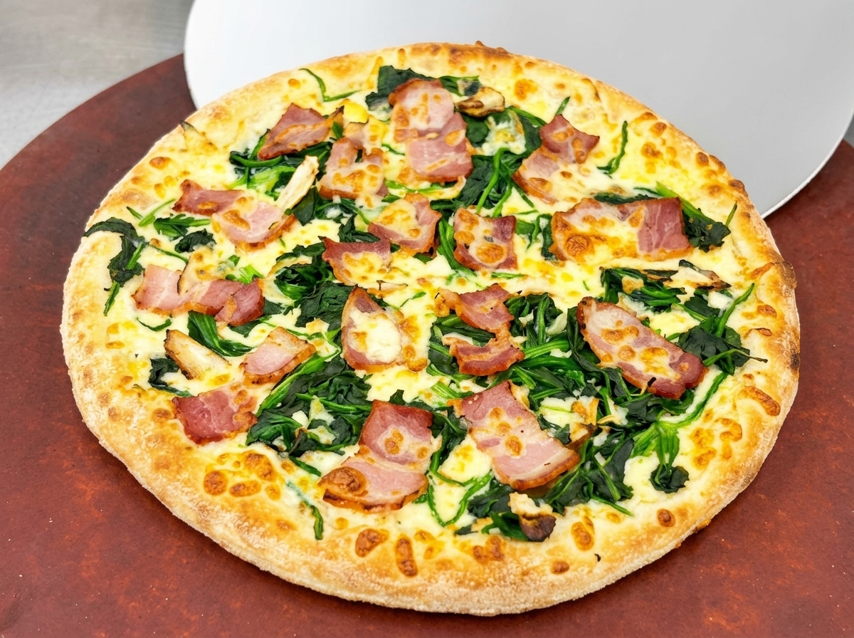 Una pizza appena sfornata con spinaci, pancetta e mozzarella fusa appoggiata su una pala da pizza.