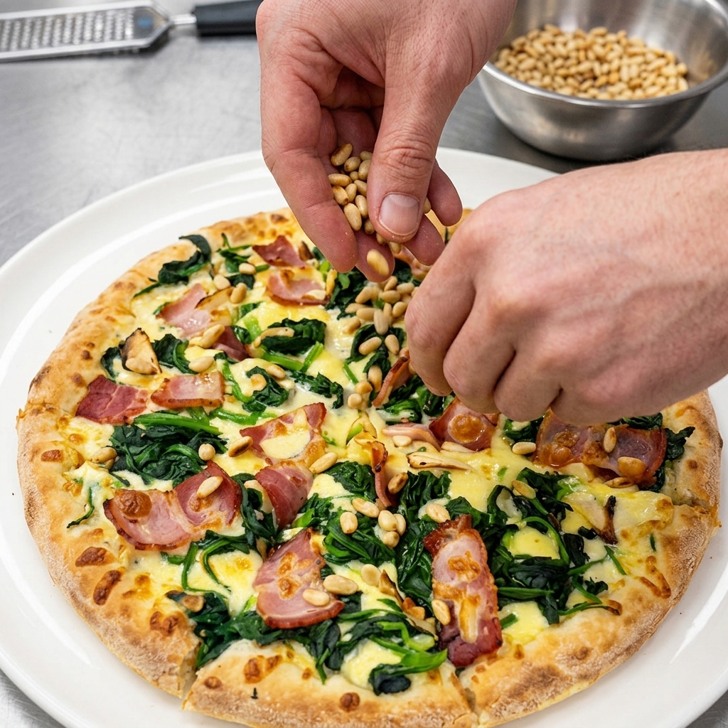 Mani che cospargono pinoli tostati su una pizza già tagliata servita su un piatto bianco.