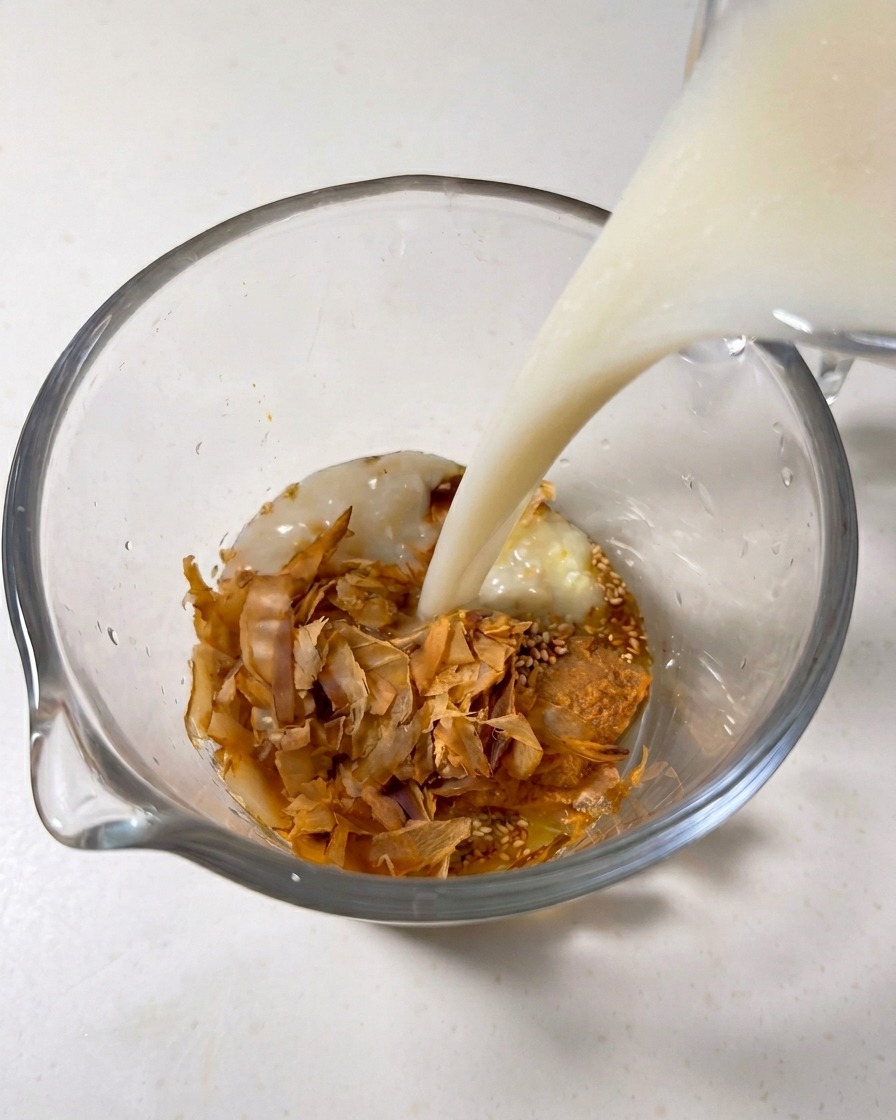 Brodo tonkotsu bianco e cremoso versato da una caraffa in un contenitore con fiocchi di bonito, miso e semi di sesamo.