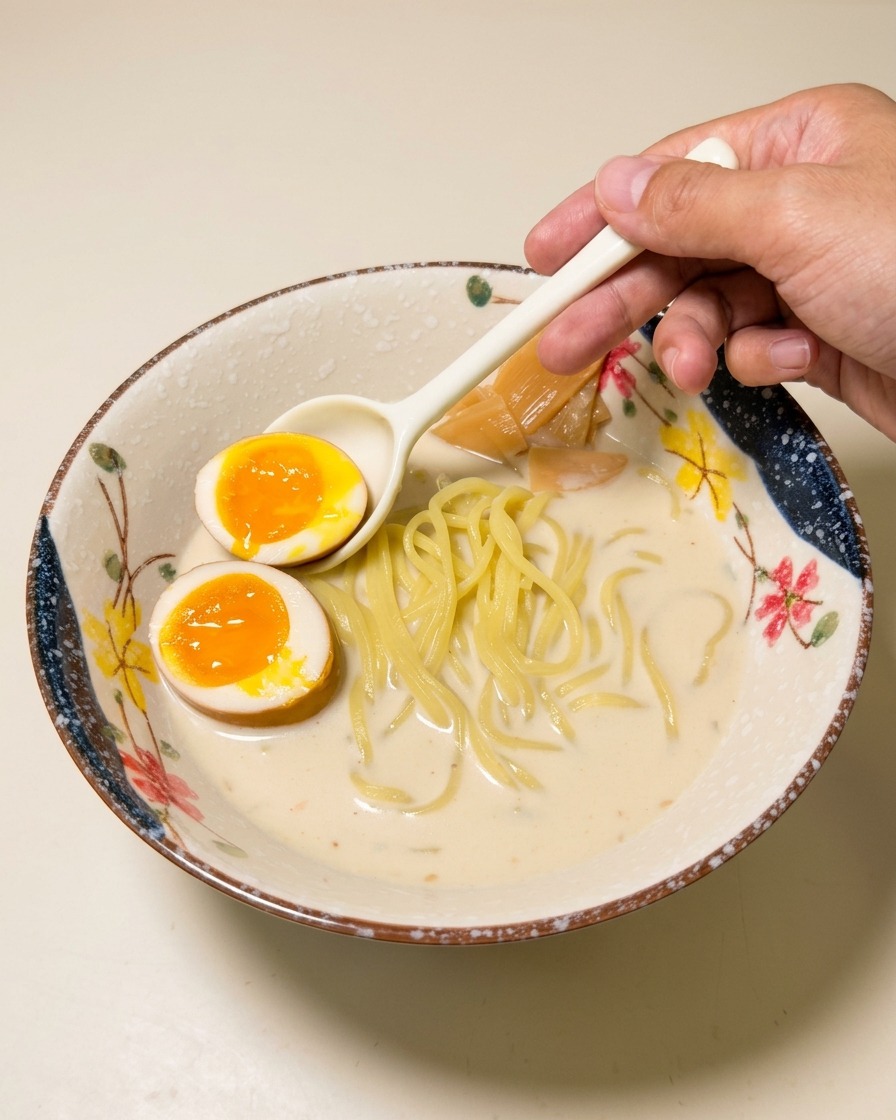 Una mano posiziona metà di un uovo barzotto dal tuorlo cremoso e arancione nella ciotola di ramen.