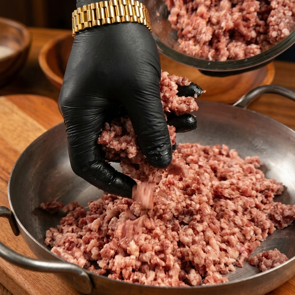 Carne di manzo macinata posizionata in una teglia di metallo da una persona con guanti neri.