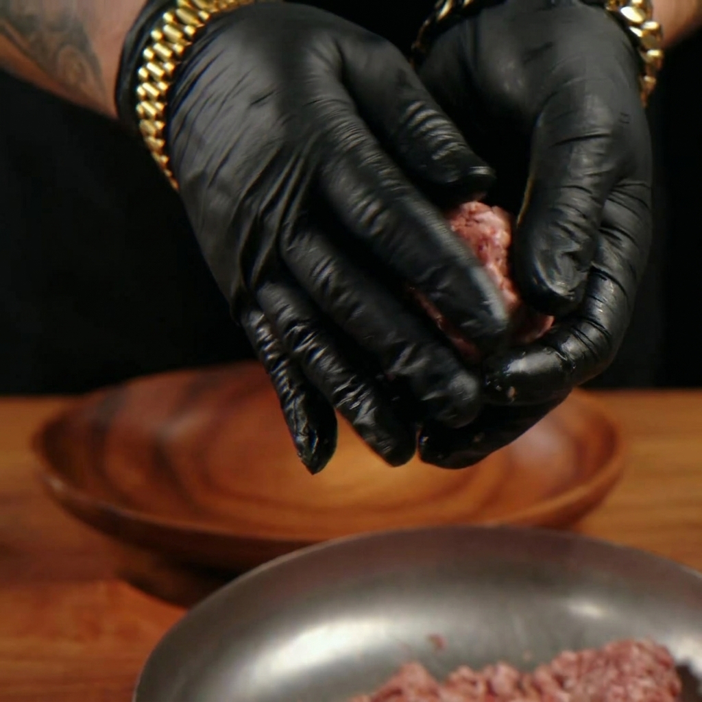 Mani guantate che modellano delicatamente il macinato di manzo in un patty rotondo e morbido su un piatto di legno.