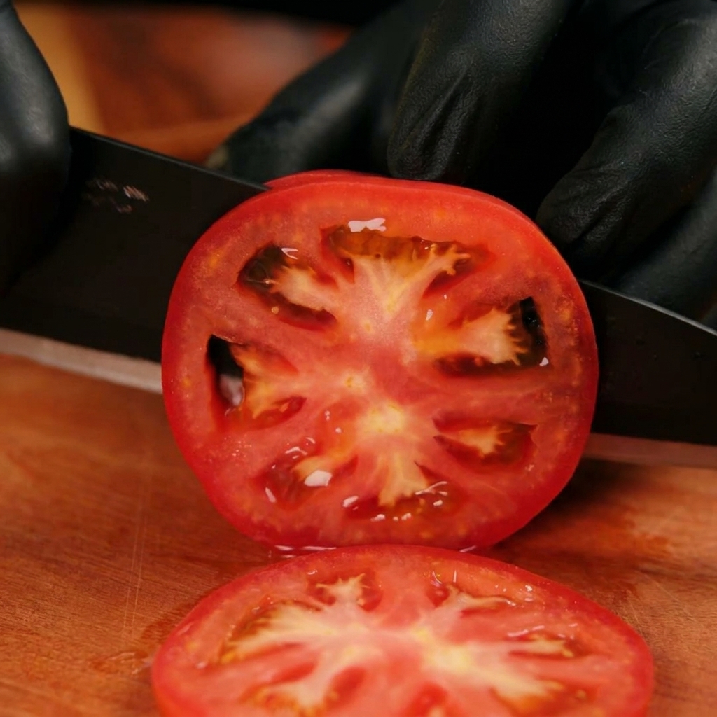 Un coltello nero che affetta un pomodoro rosso maturo in rondelle uniformi su un tagliere di legno.