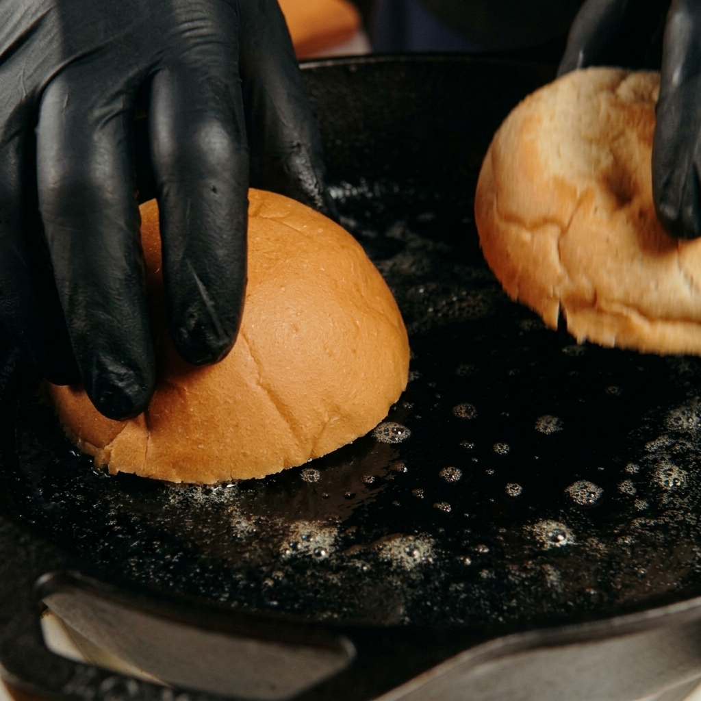 Mani guantate che premono due metà di un panino per burger rivolte verso il basso in una padella di ghisa con burro fuso spumeggiante.