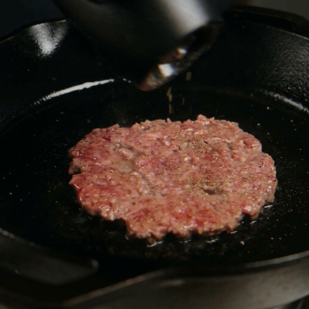 Utilizzo di un macinapepe per macinare pepe nero fresco su un patty di manzo smash sfrigolante in una padella di ghisa.