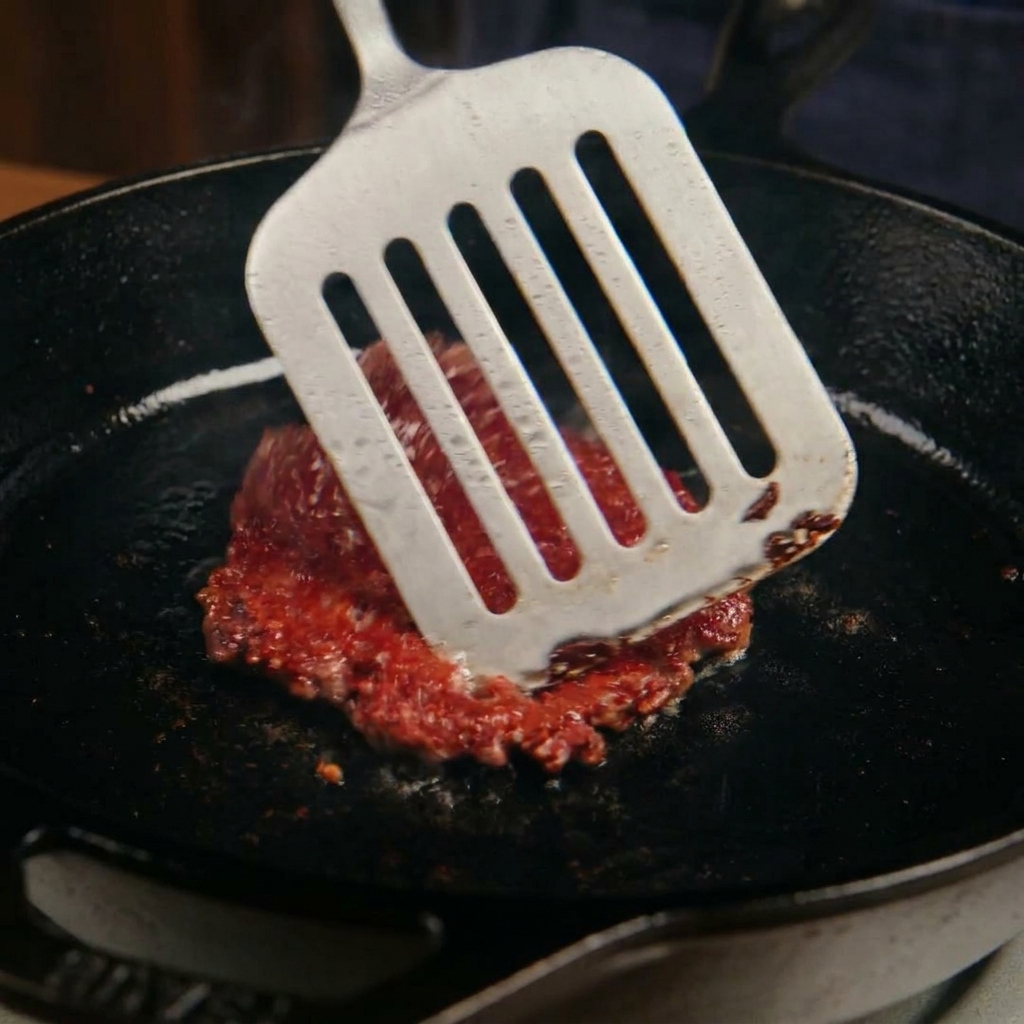 Una spatola di metallo che gira un patty di manzo smash, rivelando una crosticina caramellata scura e croccante.