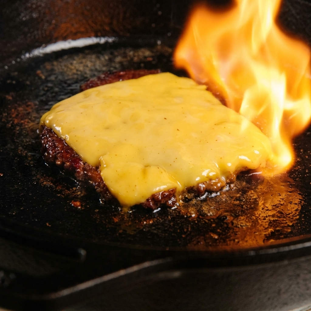 Una fetta di cheddar che si scioglie su un patty di manzo smash in una padella di ghisa sotto la fiamma diretta di un cannello.