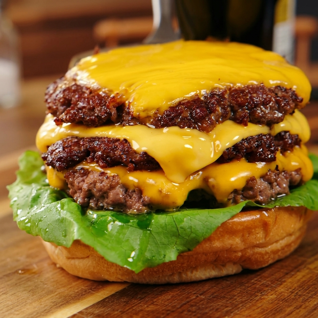 Tre patty di manzo smash stratificati con cheddar fuso appoggiati su un panino foderato di lattuga fresca.