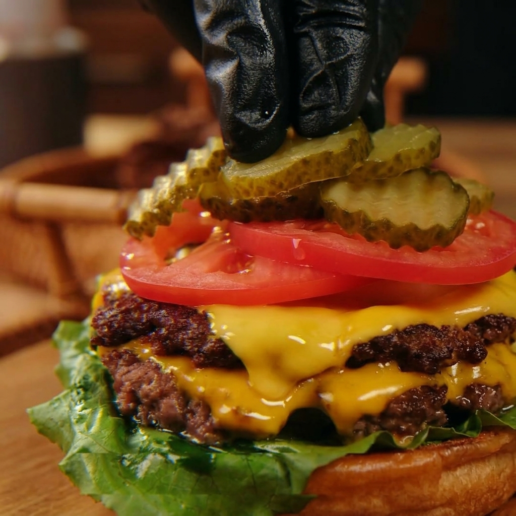 Mani con guanti neri che posizionano cetriolini sottaceto sopra fette di pomodoro fresco in un triple cheeseburger.