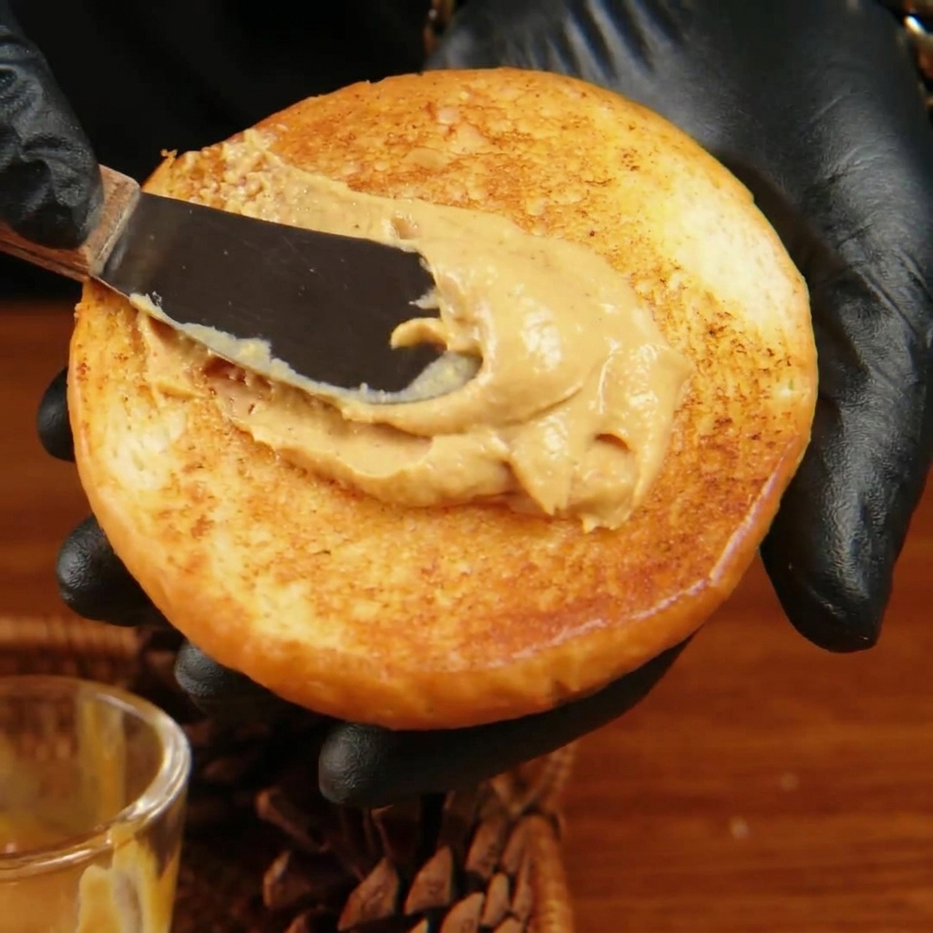 Una persona con guanti neri che usa una piccola spatola per spalmare la salsa burger arancione sulla superficie tostata del pane superiore.