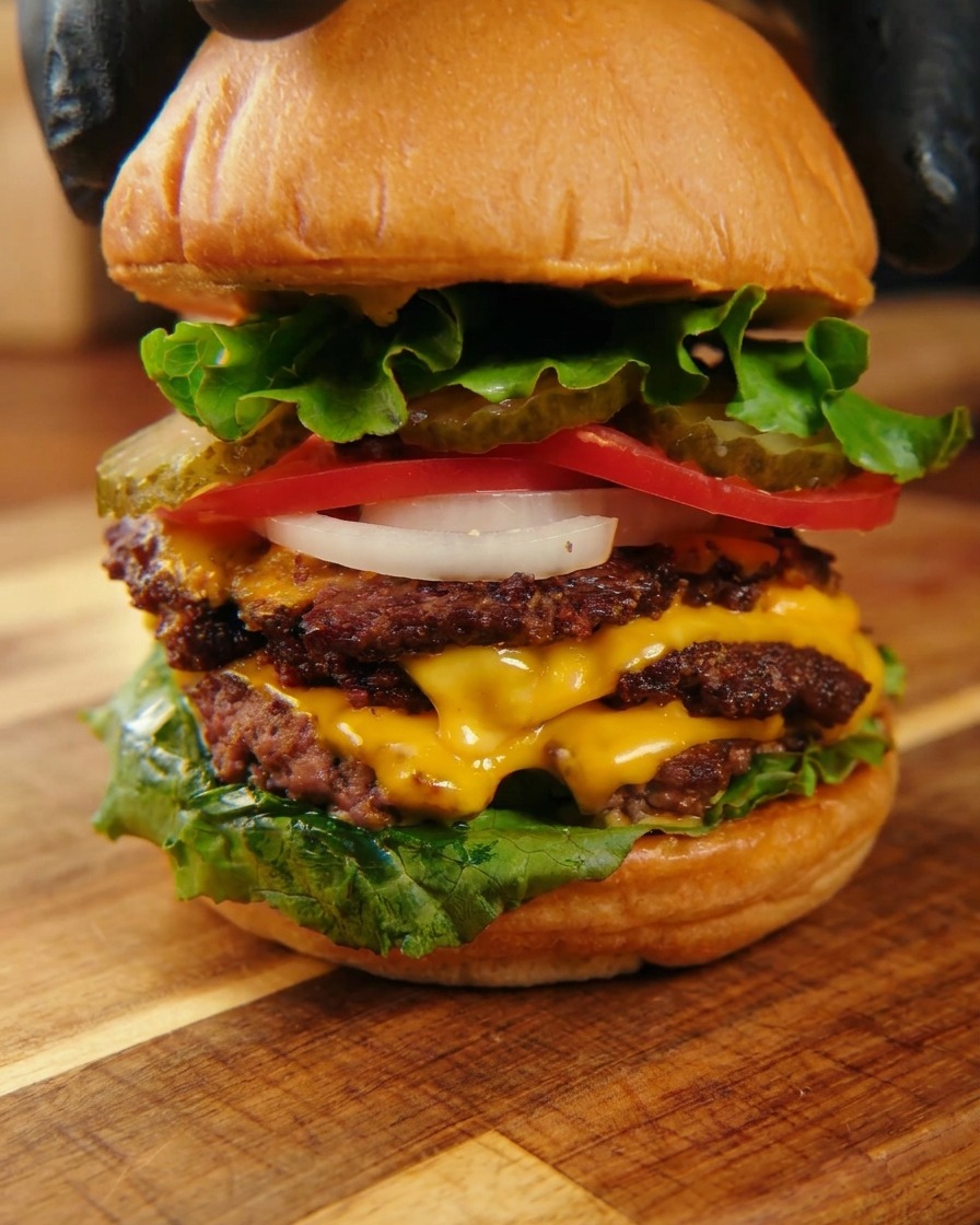 Mani con guanti neri che posizionano il pane superiore tostato su un imponente triple cheeseburger assemblato.