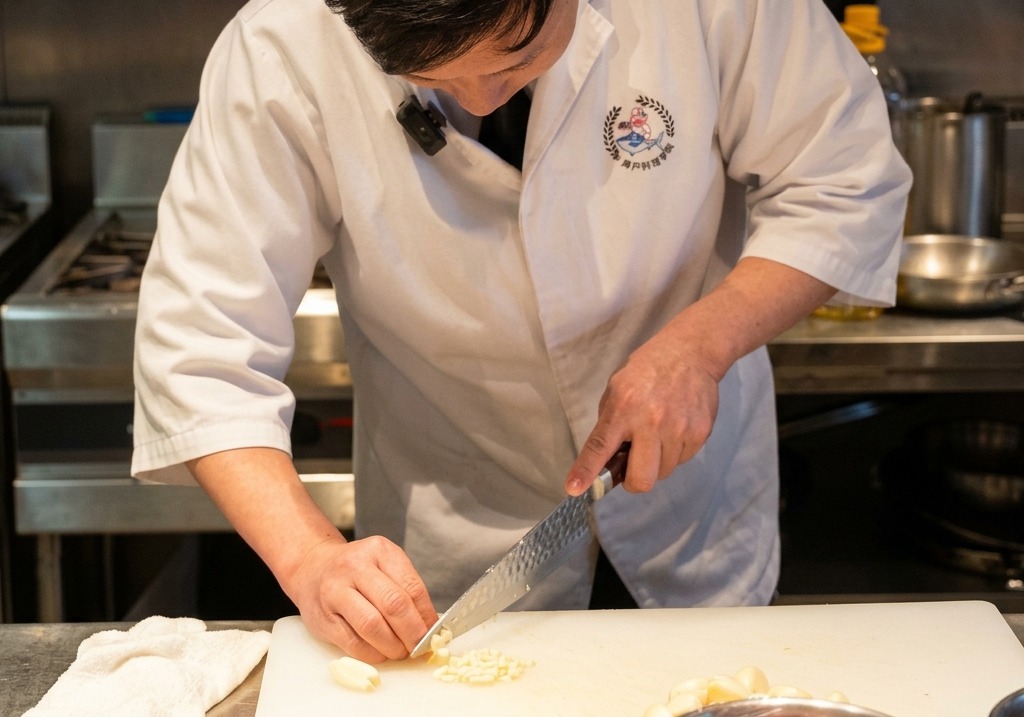 Mani dello chef che tritano finemente spicchi daglio fresco su un tagliere bianco.