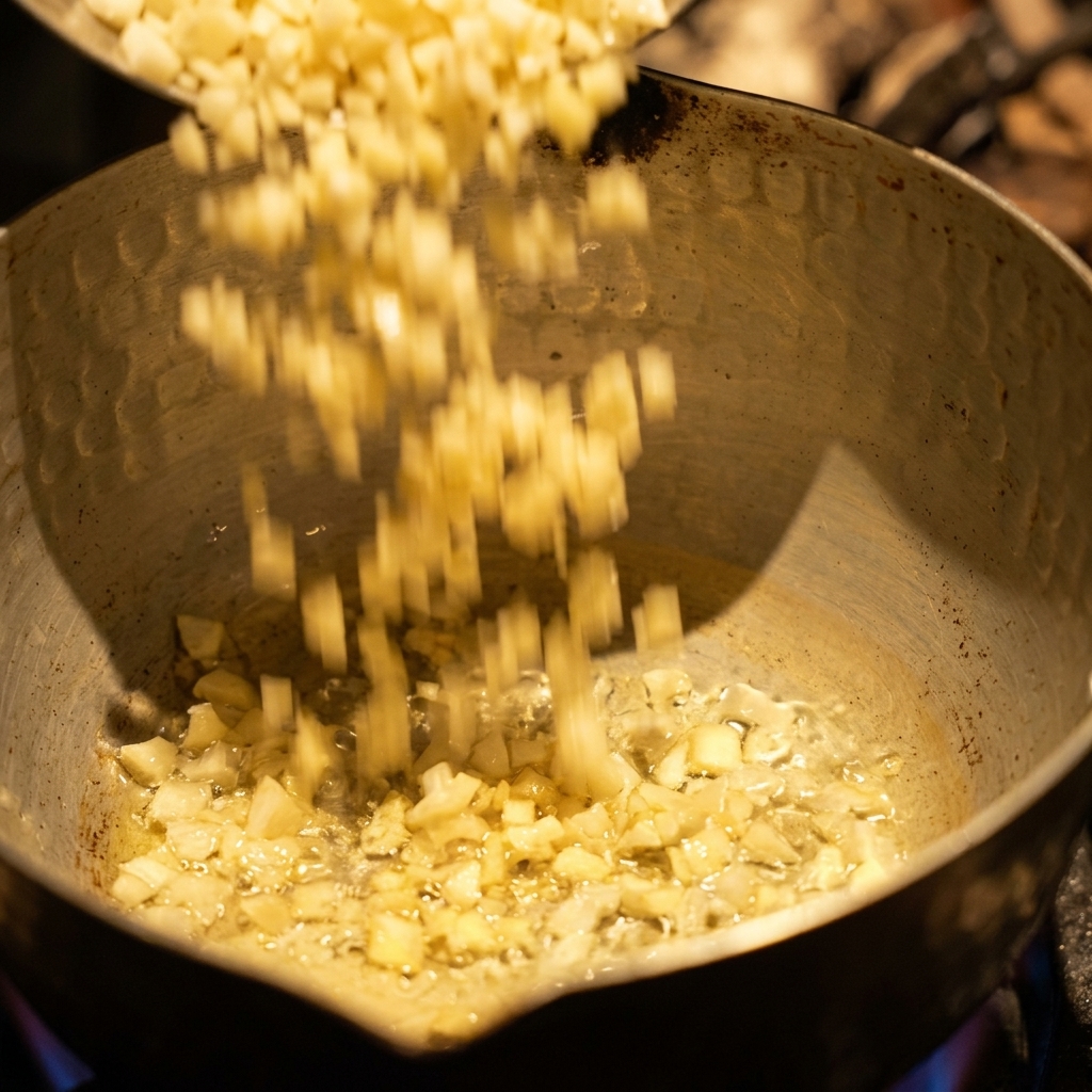 Aglio fresco tritato versato con cura in un pentolino dacciaio contenente olio trasparente.